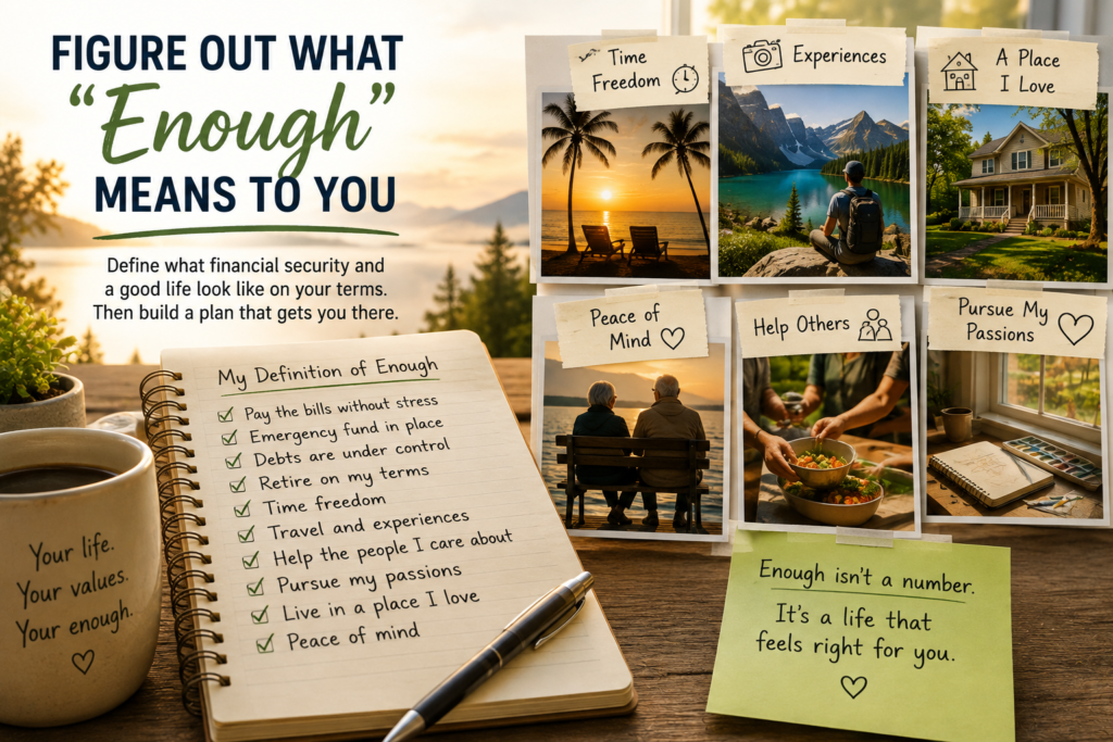 Relationship with money. A desk with coffee, notebook, plant, and notes about defining financial security—without the chaos of money mania—surrounded by photos and sticky notes of goals like freedom, peace, travel, helping others, and pursuing passions.