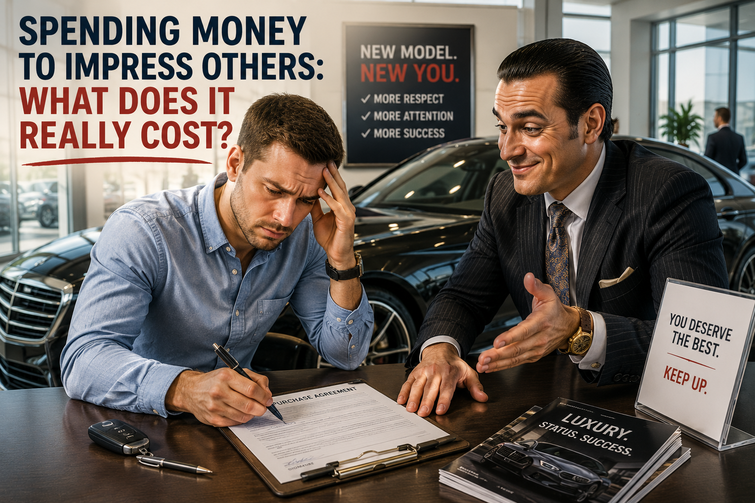 A salesman persuades a stressed man to sign papers at a car dealership, with text questioning whether it’s worth it spending money to impress others.