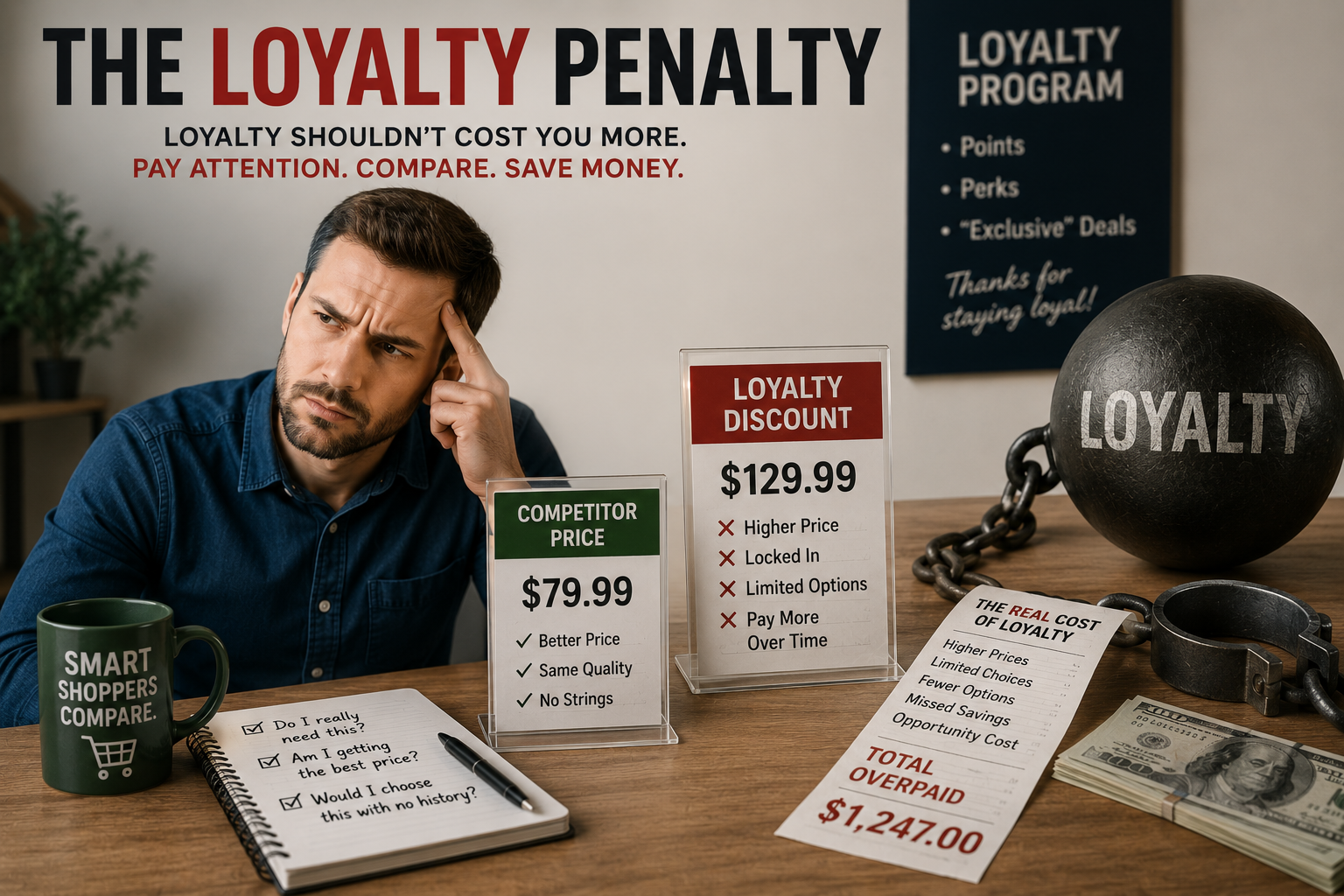A man sits at a desk comparing loyalty and competitor prices, looking concerned. Props include price lists, a loyalty ball and chain, cash, and a sign about loyalty penalties—a visual reminder of the hidden costs of facing a loyalty penalty.