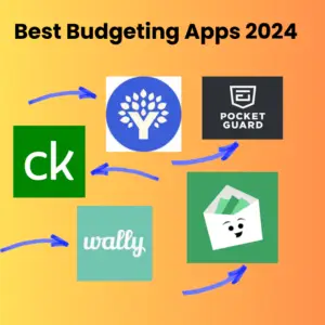 Image showing logos of five budgeting apps: Credit Karma, YNAB, PocketGuard, Wally, and Goodbudget, with the title "Best Budgeting Apps to Manage Finances in 2024" at the top. Blue arrows indicate the logos in a circular pattern.