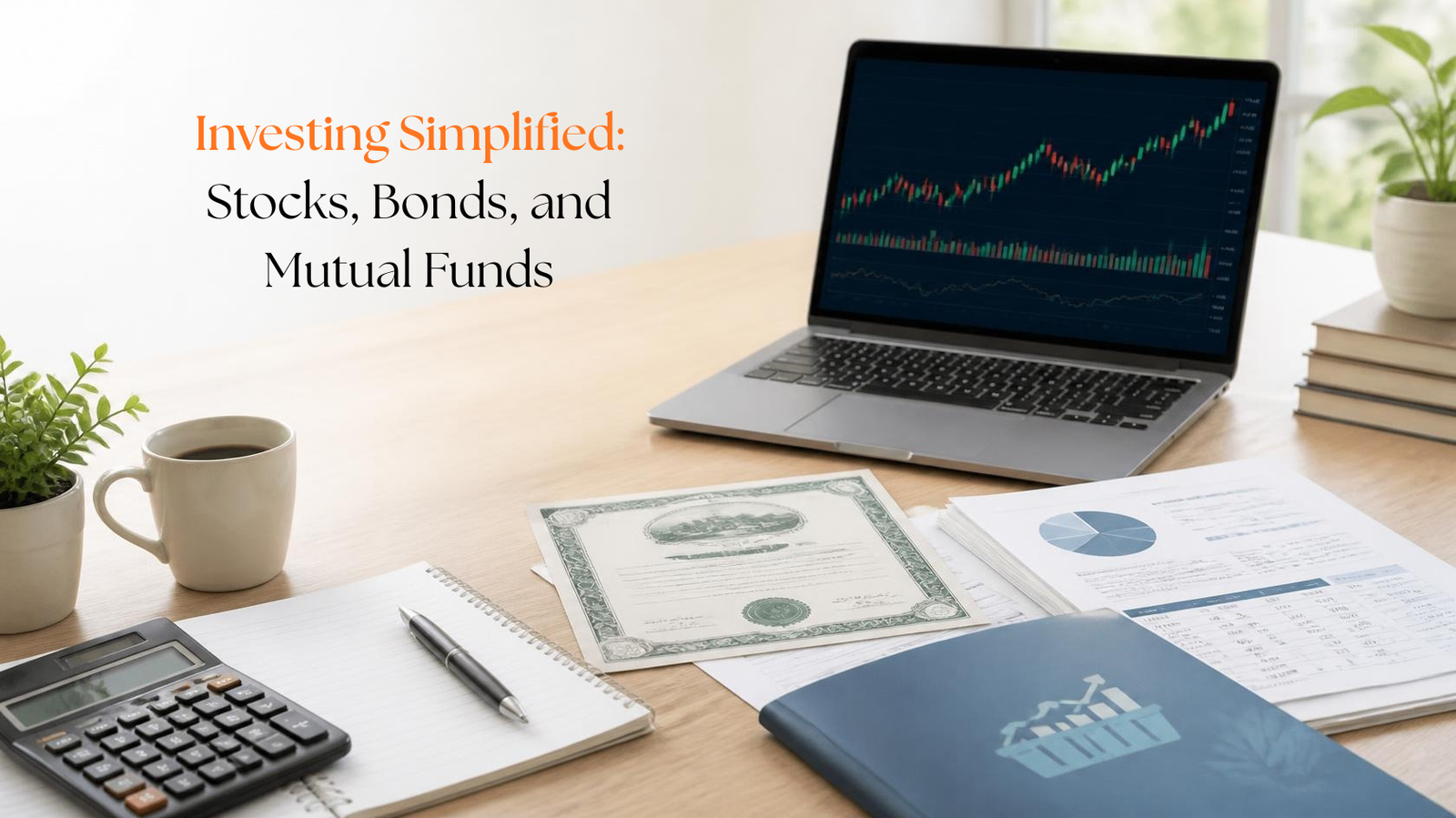 Laptop displaying a stock chart, investment documents, calculator, coffee cup, and plants on a wooden desk; text reads “Investing Simplified: Stocks, Bonds, and Mutual Funds”—the perfect setup for anyone looking to start their investing journey.
