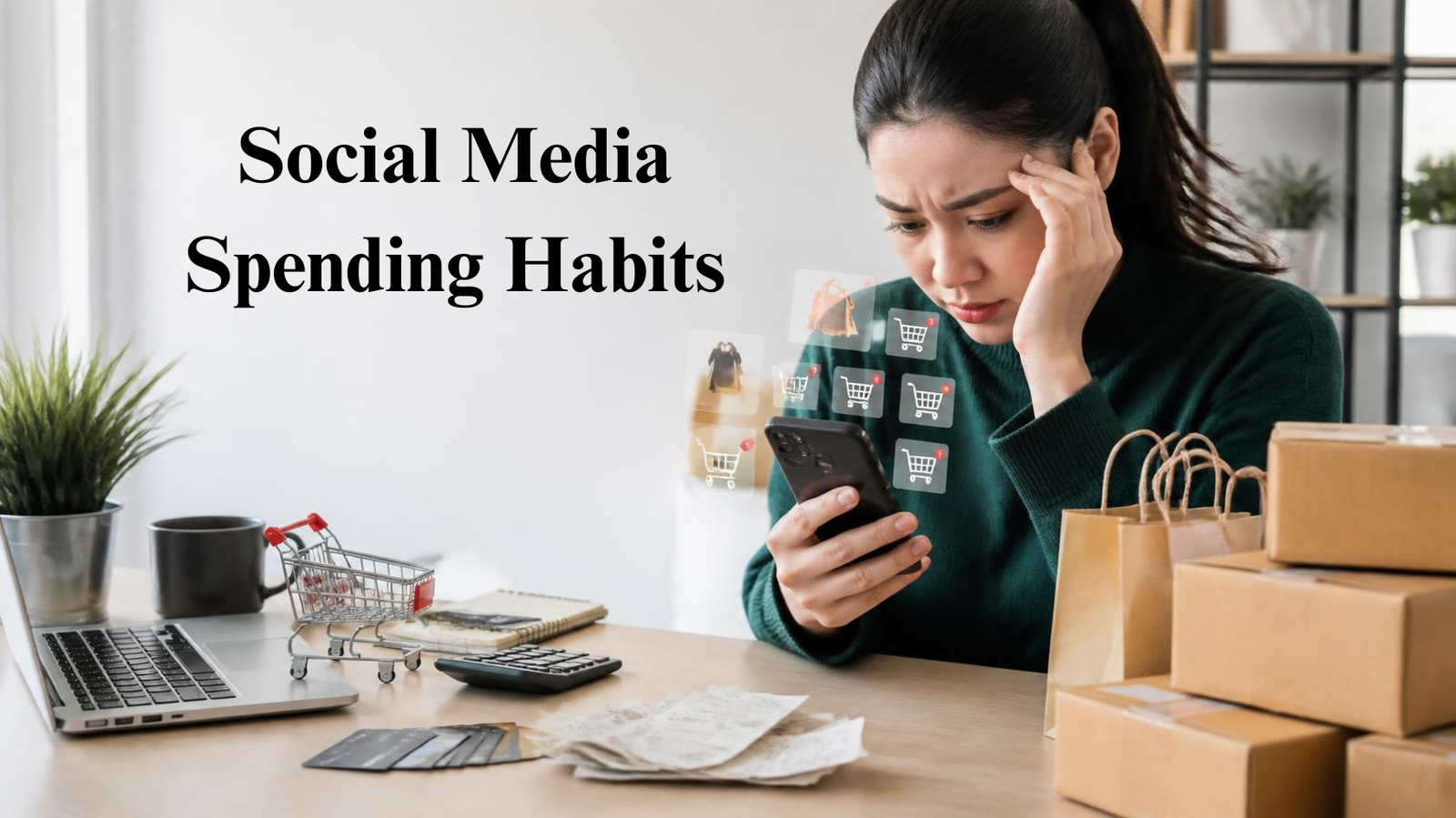 A woman looks worried at her phone, surrounded by shopping bags, a laptop, receipts, and credit cards—illustrating the impact of spending habits—with “Social Media Spending Habits” text on the image.