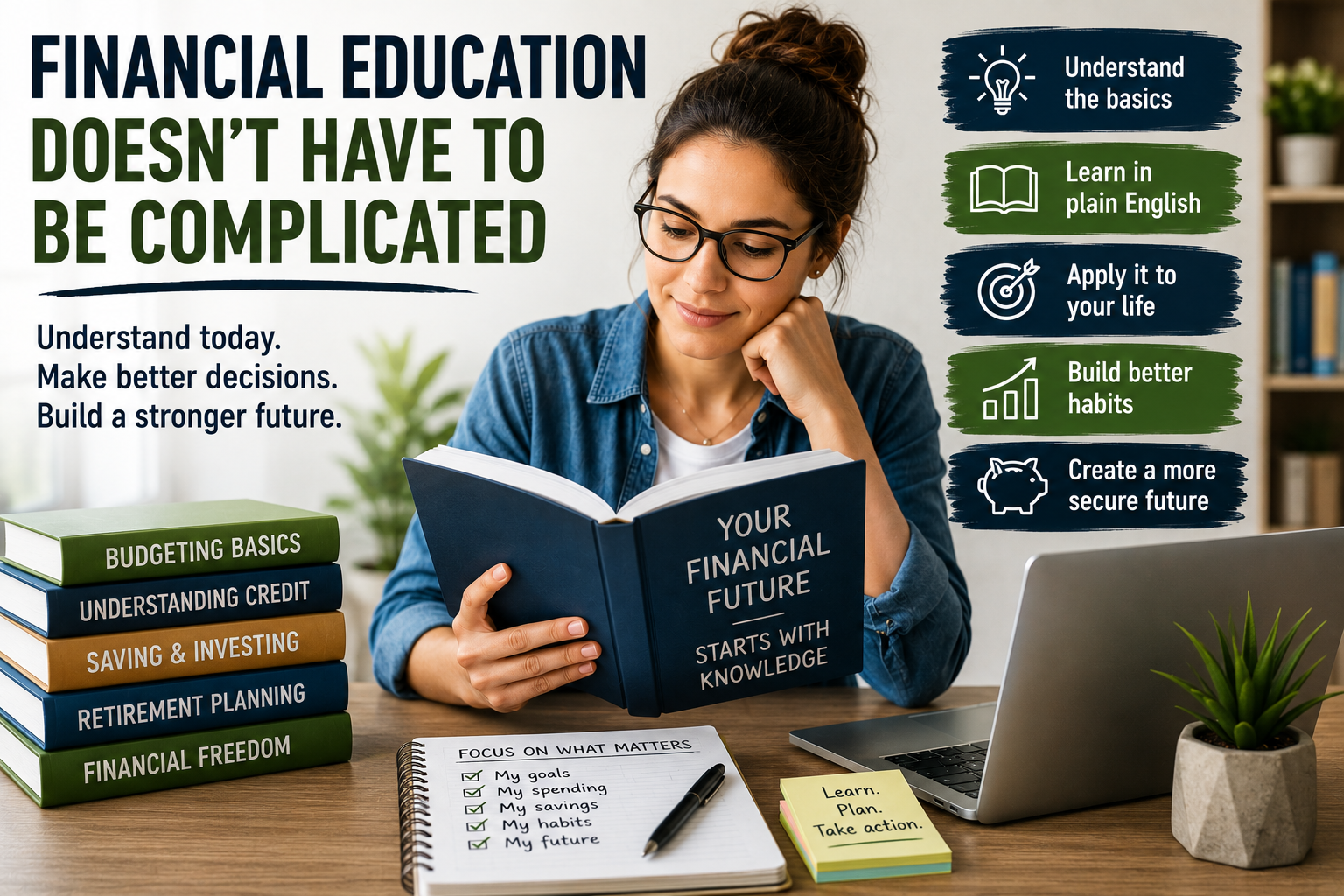 Woman with glasses reads a book titled “Your Financial Future” at a desk with notes and coffee, surrounded by financial education tips and benefits, immersing herself in valuable financial education.