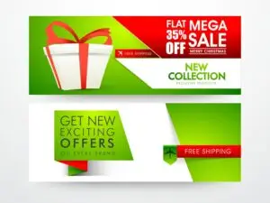 Two promotional banners featuring vibrant green and red designs, highlighting Christmas sales with phrases like "35% Off" and "Master Your Spending Habits," both offering free shipping.