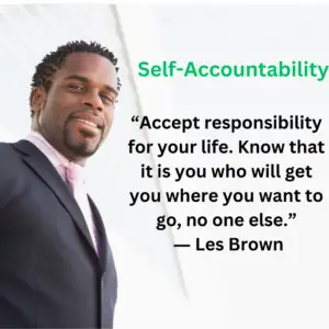 A man in a suit smiles, standing next to a quote by Les Brown: "Accept responsibility for your life. Know that it is you who will get you where you want to go, no one else." The title reads "Self-Accountability: The Road to Better Finances.