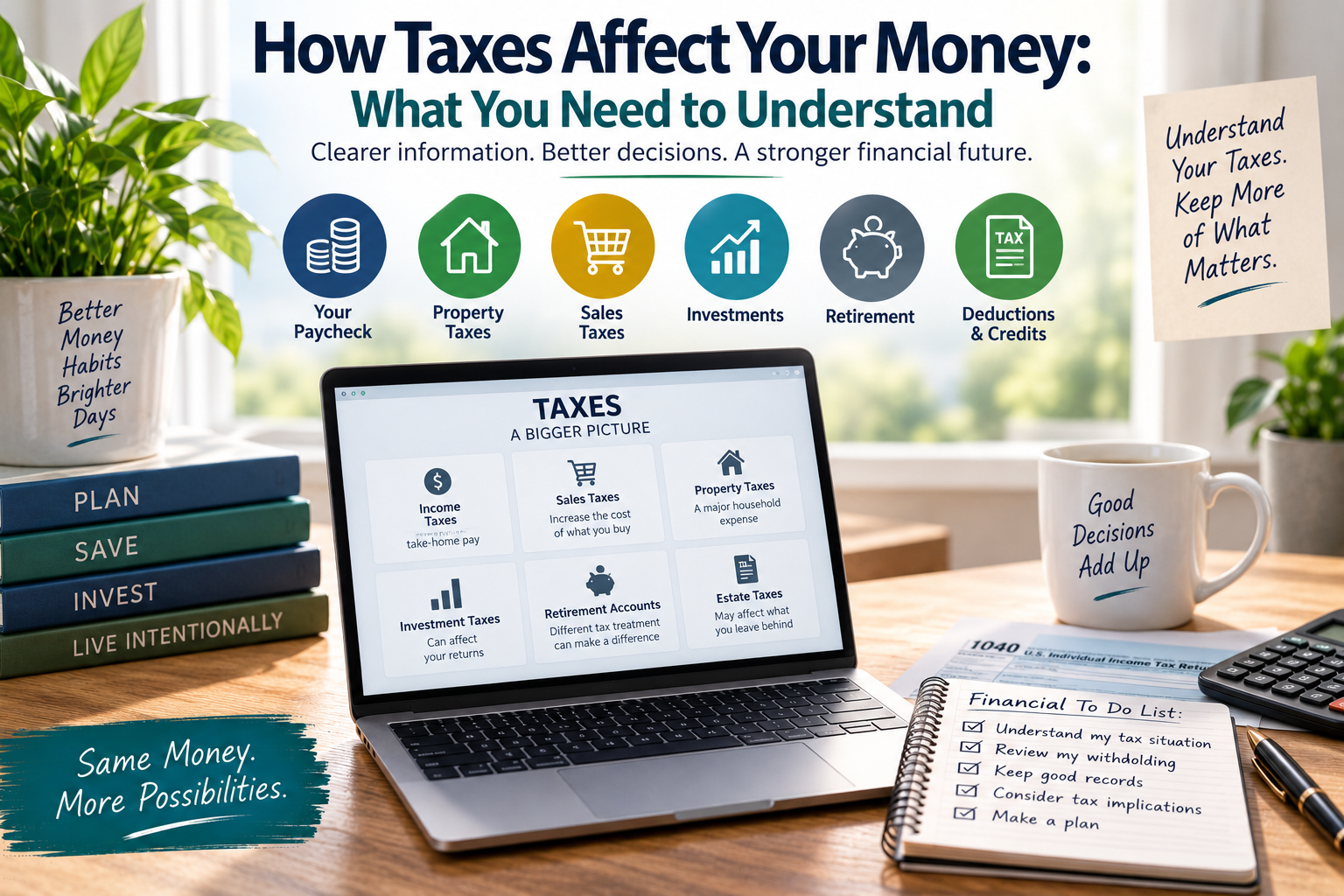 A laptop displays how taxes affect your money on a desk with paperwork, a calculator, a coffee cup, plants, and motivational signs about making better financial decisions.