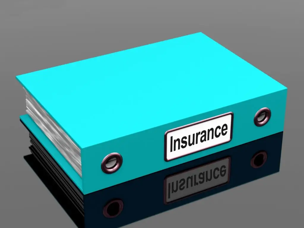 A teal binder labeled "Necessary Insurance" lies closed on a reflective surface.