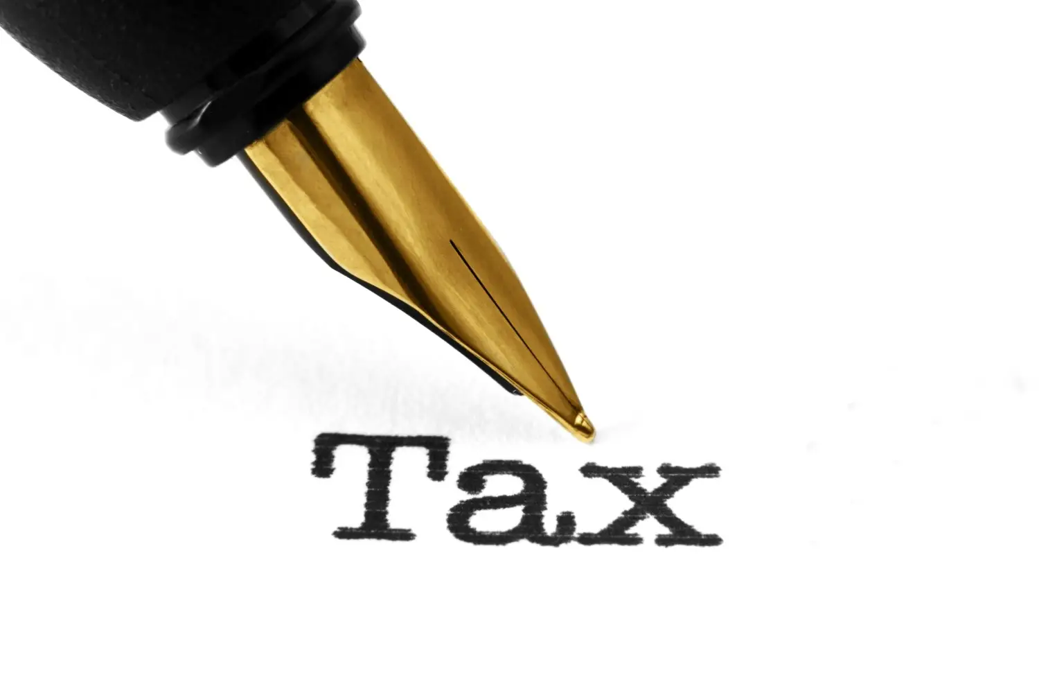 A close-up image of a fountain pen tip poised above the word "Taxation" written in black ink on white paper.