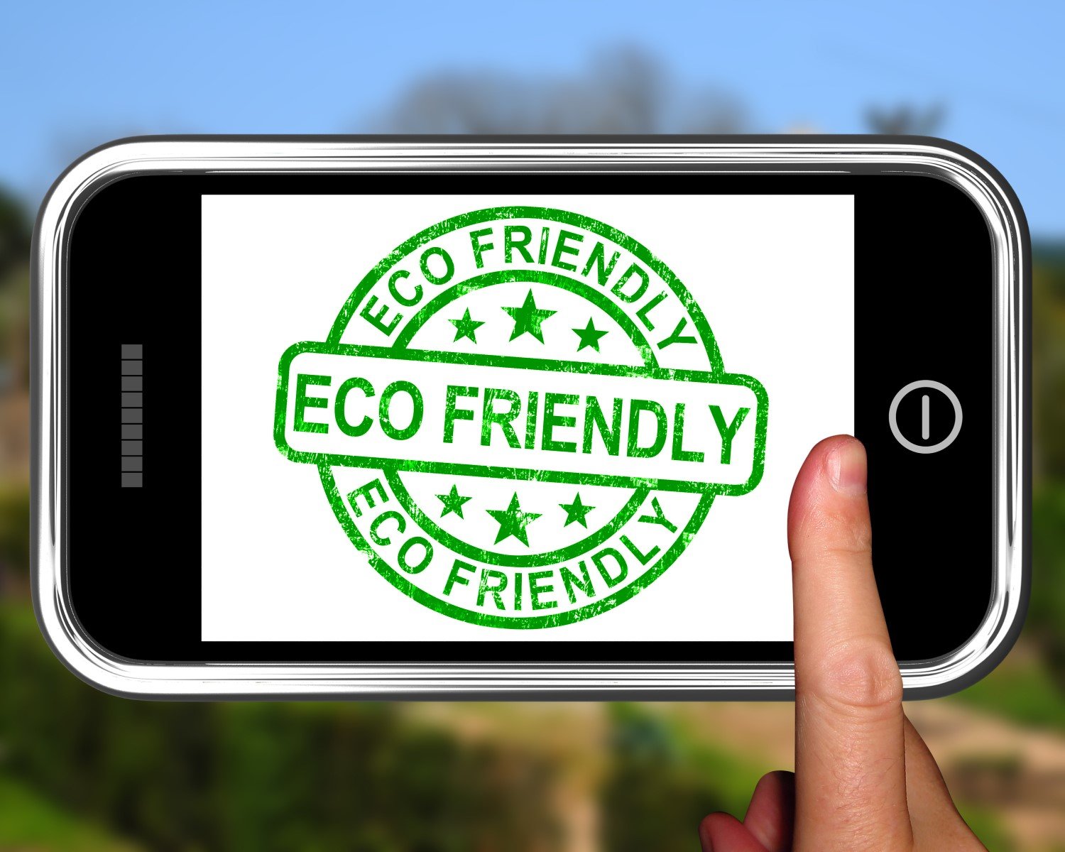 A smartphone screen displays a green "Eco-Friendly" stamp with stars and circular text. A finger points to the screen, highlighting the importance of sustainable choices.