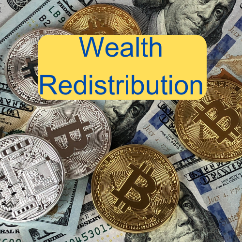 Gold and silver Bitcoin coins are placed on top of US dollar bills. A yellow text box in the center reads "Wealth Redistribution: Real Winner.