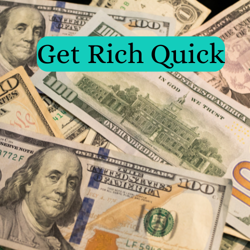 A pile of various U.S. dollar bills with the text "Quick Wealth Offers" placed over them.