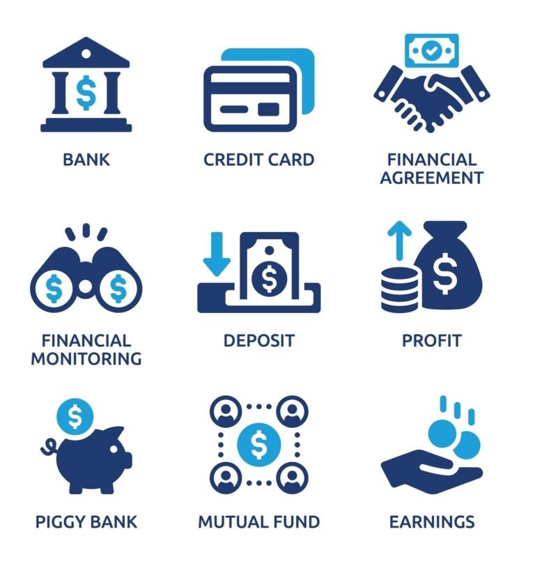 Take control of your personal finance with a 3x3 grid of financial icons, including bank, credit card, financial agreement, financial monitoring, deposit, profit, piggy bank, mutual fund, and earnings—all represented with simple blue graphics.