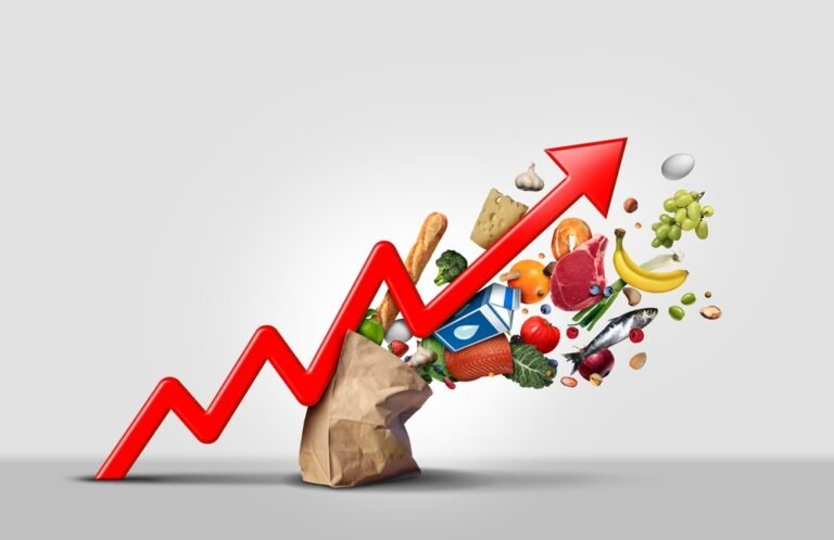 A red upward arrow graph rises from a paper bag filled with various foods, symbolizing runaway inflation and increasing food prices.