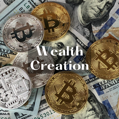 Various Bitcoin coins placed on top of U.S. dollar bills with the phrase “Wealth Creation” written in the center, encouraging you to Start Now on your path to financial independence.