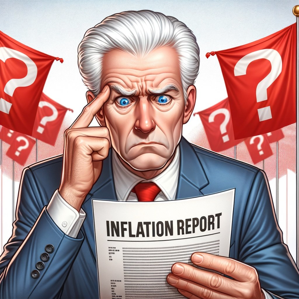 A concerned man in a suit holds an "Inflation Report" amid red flags with question marks, highlighting the complexities of inflation in today's world.