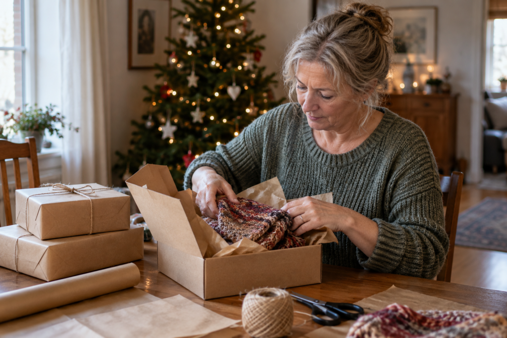 Extra Christmas money earned by packing handmade scarves for holiday customers.