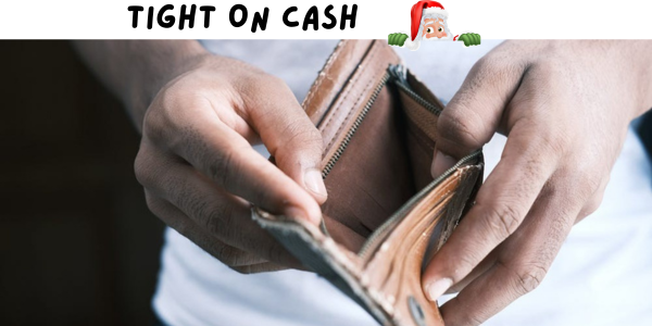 Person clutching an open, empty wallet, with "Tight on Cash" text and a Santa emoji hovering above. It's a snapshot of the holiday season's financial pinch that many feel, hoping they can somehow win at managing expenses amidst the celebrations.