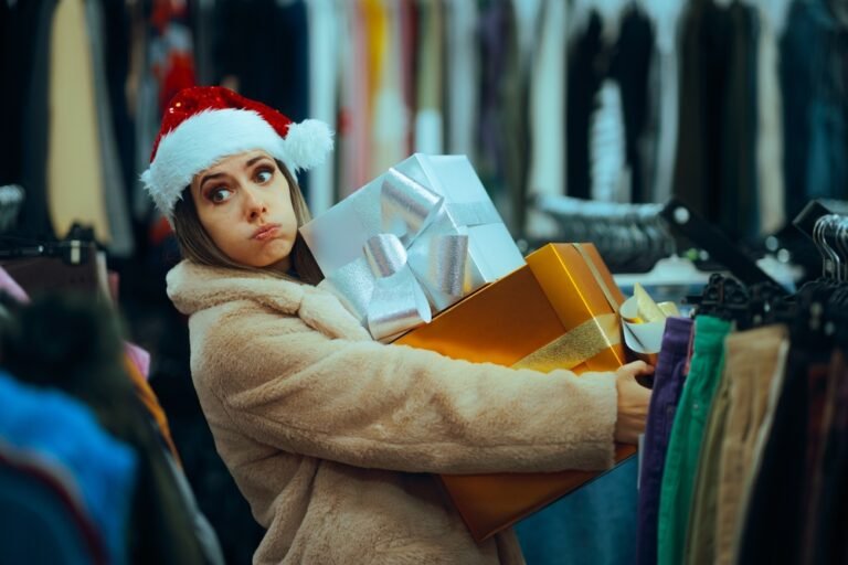 A person in a Santa hat holds wrapped gifts while navigating the clothing store, caught in the joyous chaos of last-minute Christmas Eve shopping.