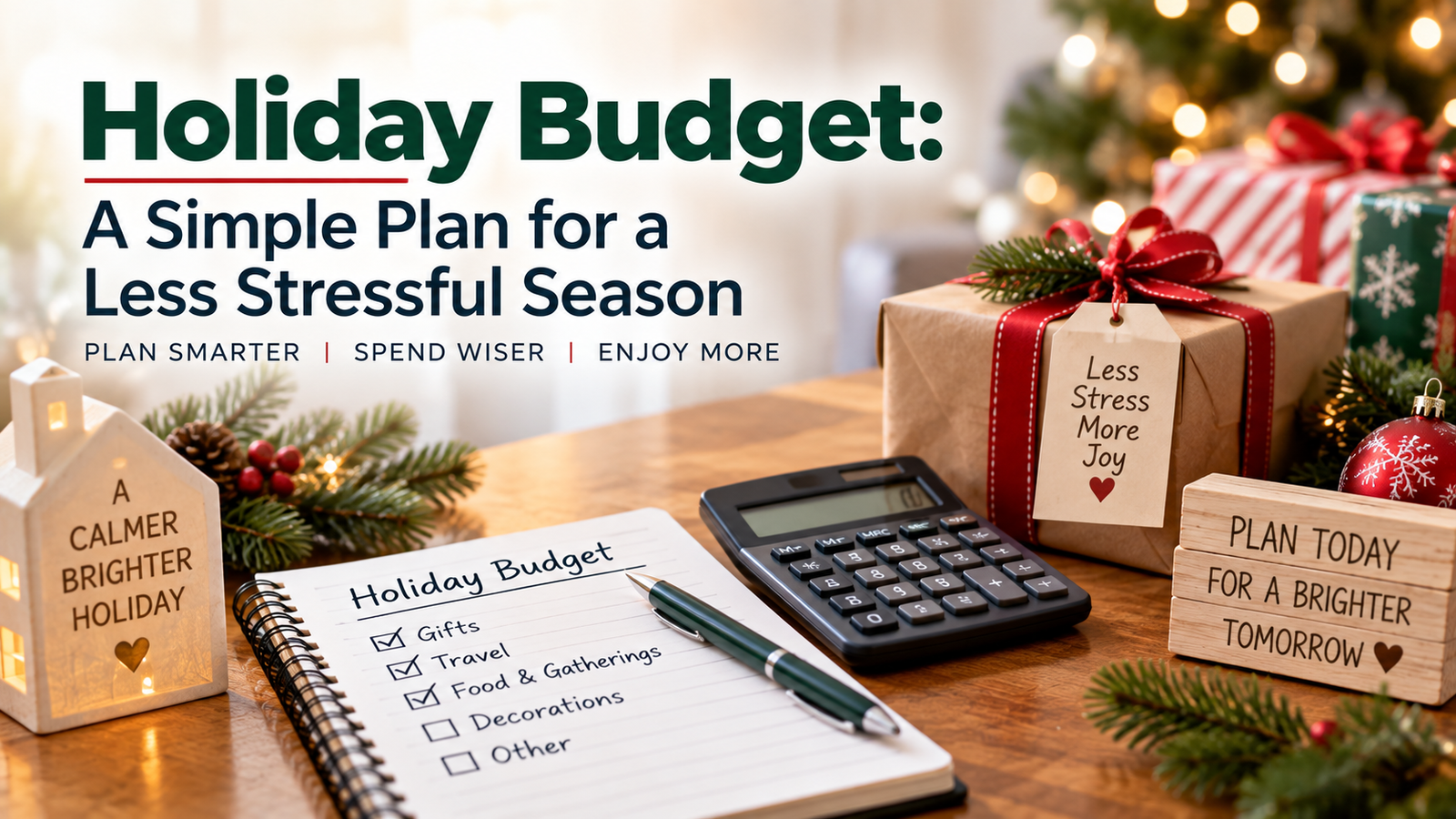 A holiday budget planning scene with a notepad, pen, calculator, ornaments, and festive decor on a wooden table, emphasizing stress-free holiday spending and an organized holiday season.