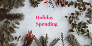 Greenery and red berries frame the text "Smart Holiday Spending" on a light background, offering a festive reminder to be wise with your expenses.