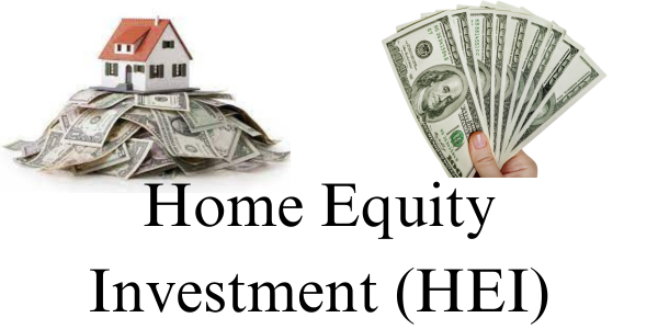 A small house rests on a pile of money next to a hand holding cash, with the text "Truth in Home Equity Investment (HEI)" below.