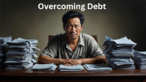 A man sits at a table with large stacks of papers, looking serious. The text "Guide to Reclaim Your Life" is displayed above him, offering hope in overcoming debt.