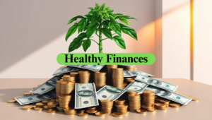 A plant emerges from a pile of coins and dollar bills, symbolizing "Personal Finance" in vibrant green.