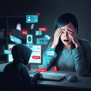 A stressed woman holds her head while looking at a computer screen displaying hacking alerts. A hooded figure types at her desk, guarding vital information amidst digital warnings, highlighting the threat of identity theft.