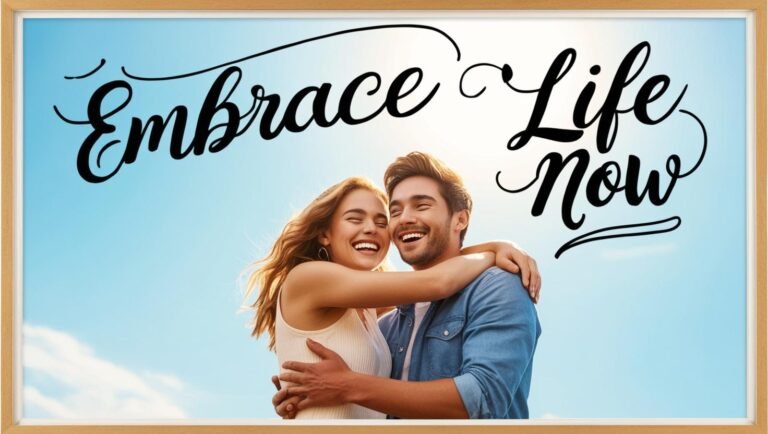 A smiling couple embraces under a sunny sky with the text "Embrace Life Now" in bold script, envisioning a bright future together.
