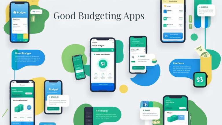 Collage of smartphone screens showcasing Money Management tools with charts, graphs, and financial data. Text reads "Good Budgeting Apps." Colorful icons and money graphics surround the phones.