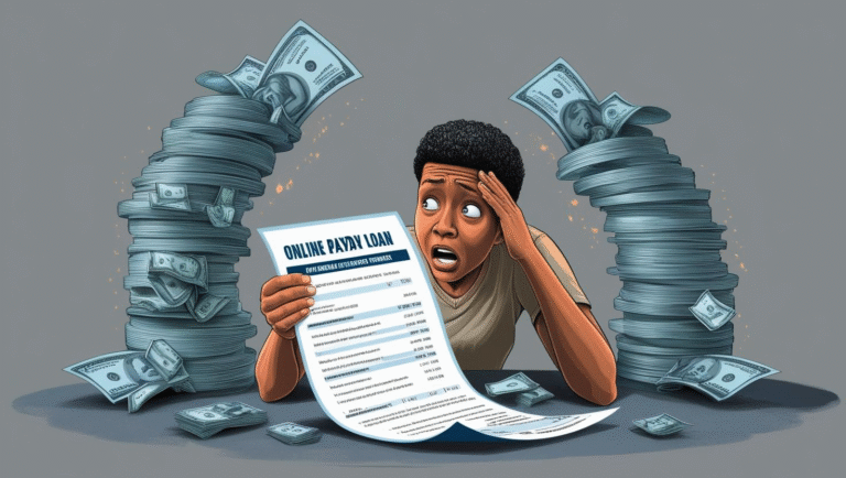 A person looks stressed while reading a long online payday loan statement, highlighting the quick fix cost, with large stacks of cash on both sides against a gray background.