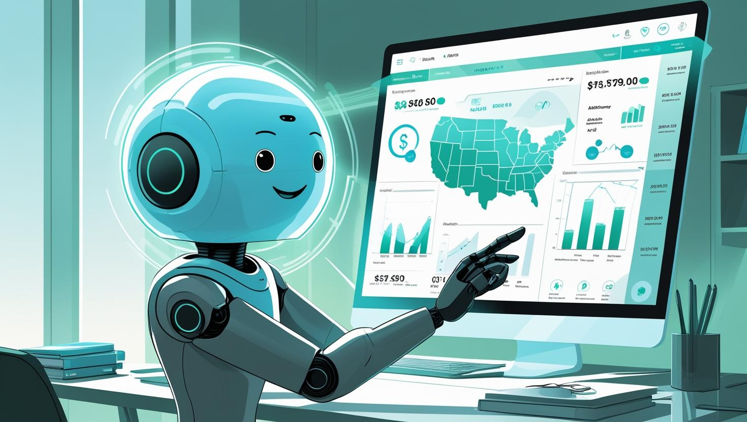 A smiling robot acts as an AI financial assistant, interacting with data charts and graphs on a large computer screen displaying financial and map analytics in a modern office setting.