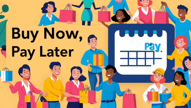 Illustration of diverse people holding shopping bags, with the text "Buy Now Pay Later" and a calendar icon showing the word "pay," highlighting the convenience of BNPL options.