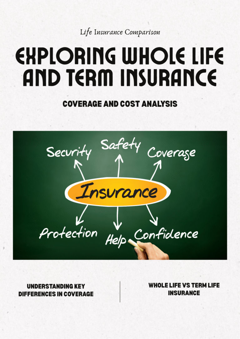 A chalkboard diagram highlights aspects of insurance—security, safety, coverage, protection, help, and confidence—with text analyzing Whole Life Insurance vs. Term Life Insurance as part of a comprehensive Life Insurance Guide.
