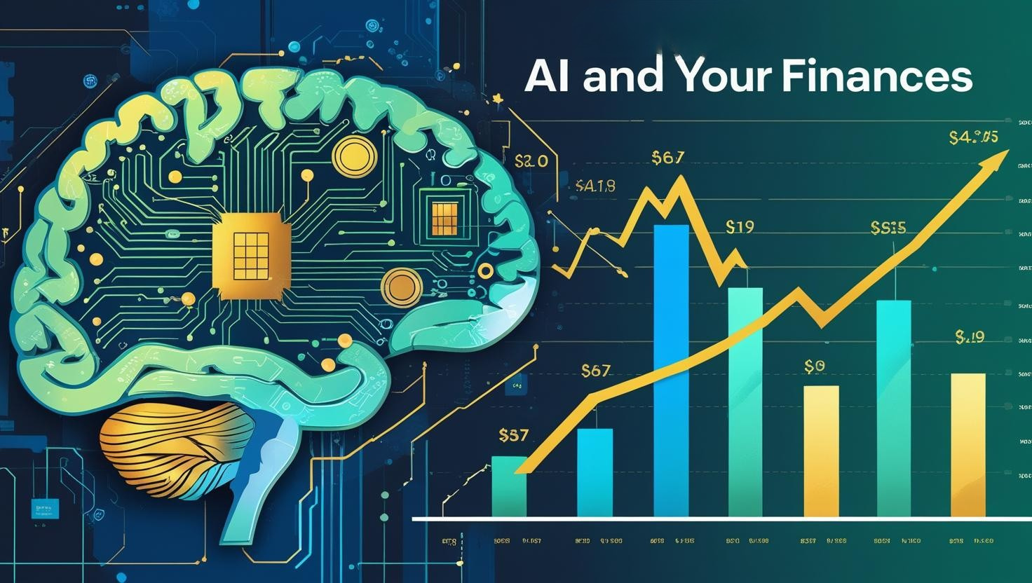Illustration of a digital brain connected to circuits beside a bar and line graph, with the text "AI and Your Finances" in the top right corner, highlighting how AI enhances financial strategies.