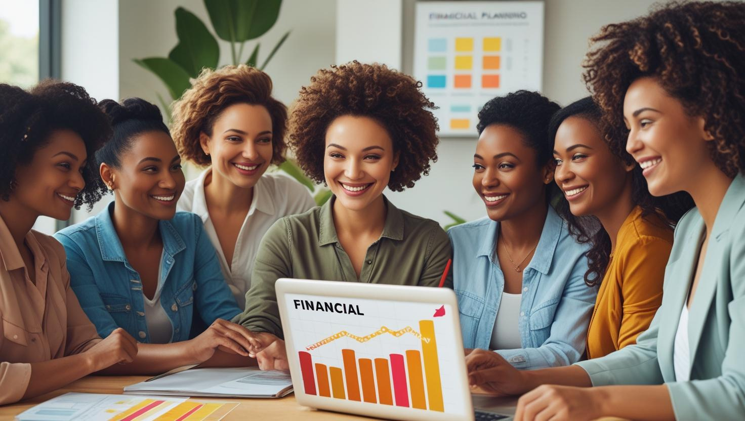 A group of women sit around a table, smiling and looking at a laptop displaying a financial chart with upward trends, celebrating financial literacy and empowering women and money success.