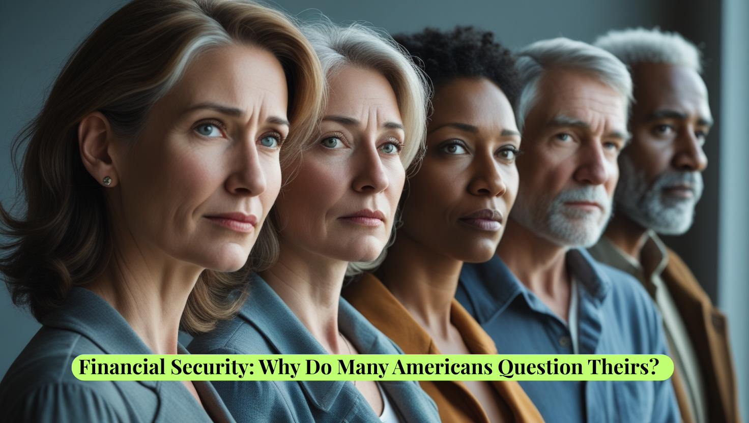 Five serious adults stand in a row, looking thoughtful; a caption at the bottom highlights Americans questioning their financial stability.