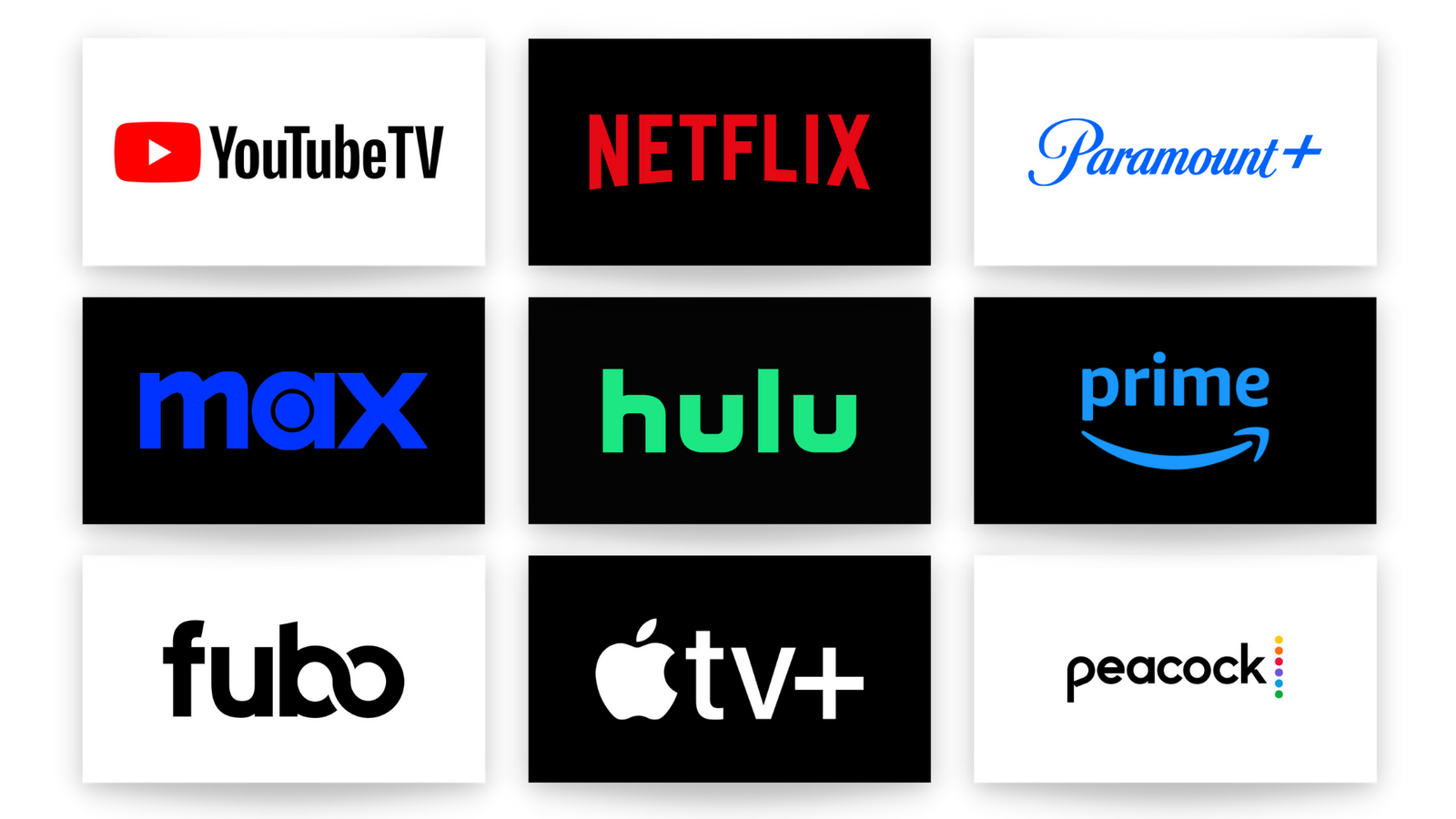 A grid of nine streaming service logos—YouTube TV, Netflix, Paramount+, Max, Hulu, Prime Video, Fubo, Apple TV+, and Peacock—highlights the variety to consider when managing your streaming budget.