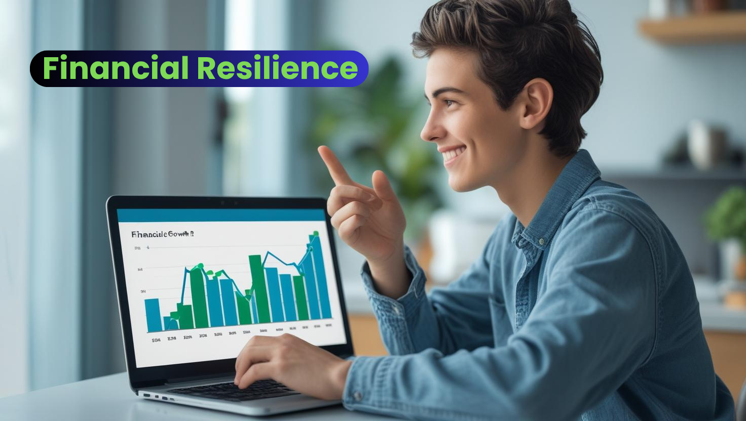 A person points at a laptop screen displaying a financial growth chart, with the text "Financial Resilience" in the top left corner—highlighting strategies for financial stability amid economic uncertainty.