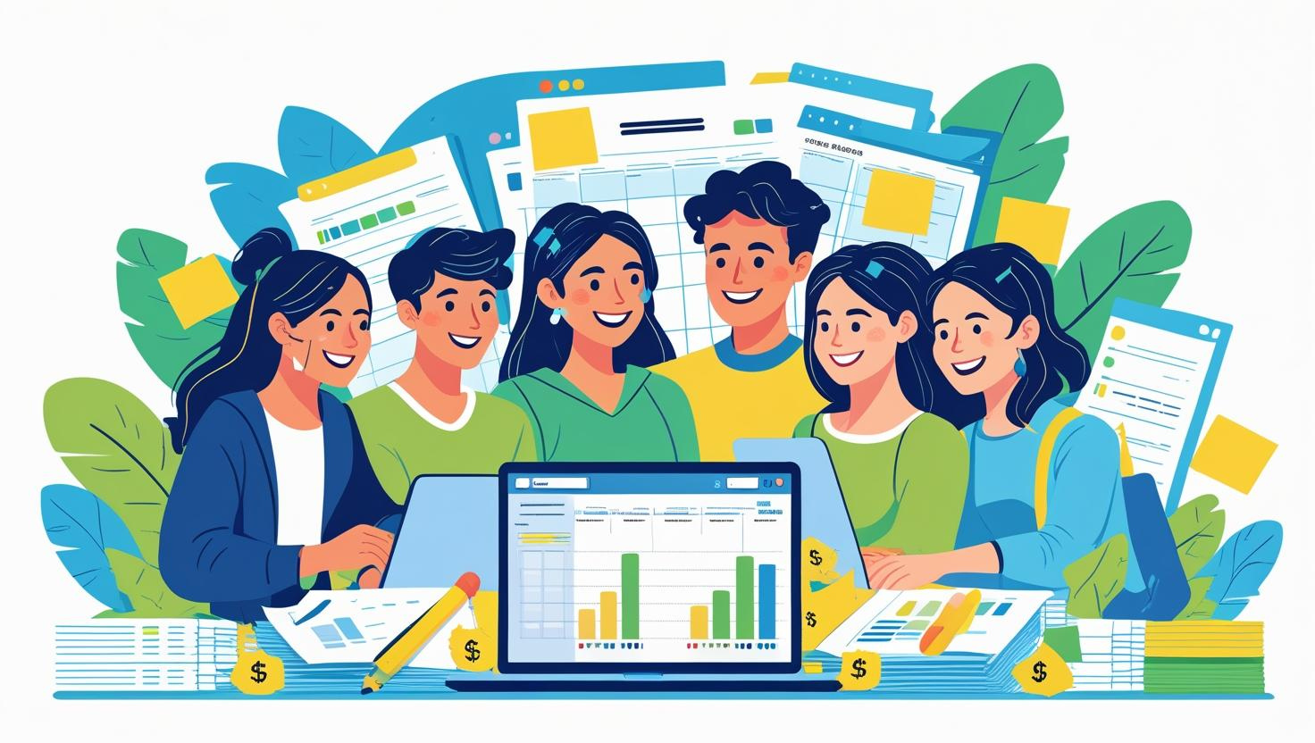A group of six people work together at a table with laptops, documents, charts, and graphs, sharing financial tips and strategies in a collaborative business or financial planning setting.