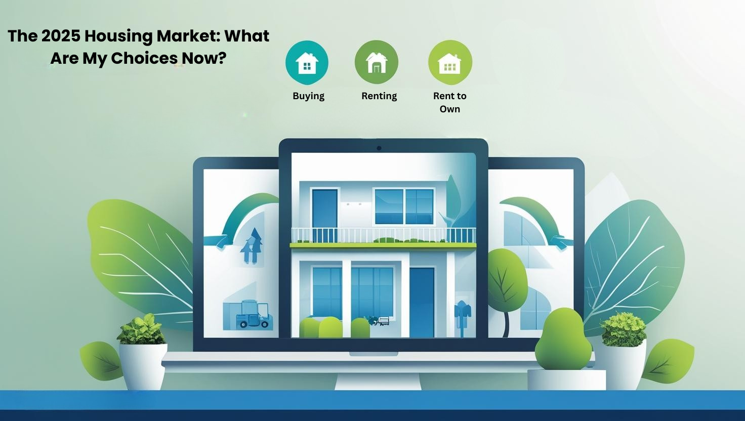 A digital graphic shows a modern house on laptop screens, with icons for buying, renting, and rent-to-own. Text reads “The 2025 housing market: What are my housing choices now?”.