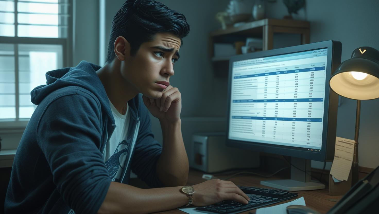 A young person sits at a desk looking at a computer screen displaying a spreadsheet, appearing focused and thoughtful—perhaps reflecting on common money issues—with a lamp and window in the background.