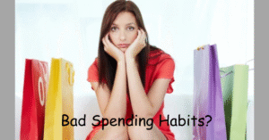 A woman in a red dress sits with her chin in her hands, surrounded by shopping bags. The text on the image reads "Bad Spending Habits? Learn how to break bad spending habits and regain control.