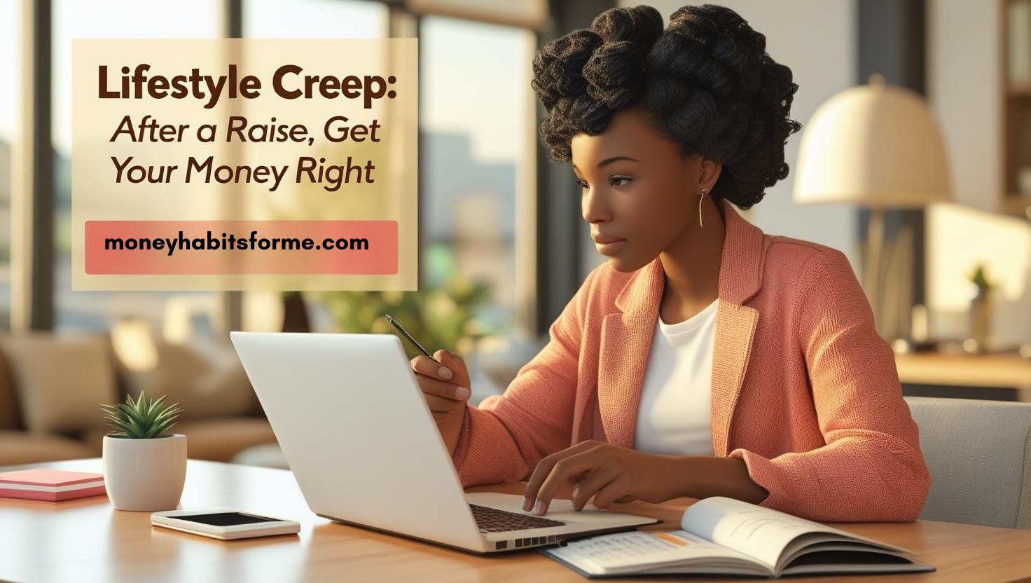 A woman in a peach blazer works on a laptop at a desk. Text reads: "Lifestyle Creep: Smart Money Management After a Raise. moneyhabitsforme.com.