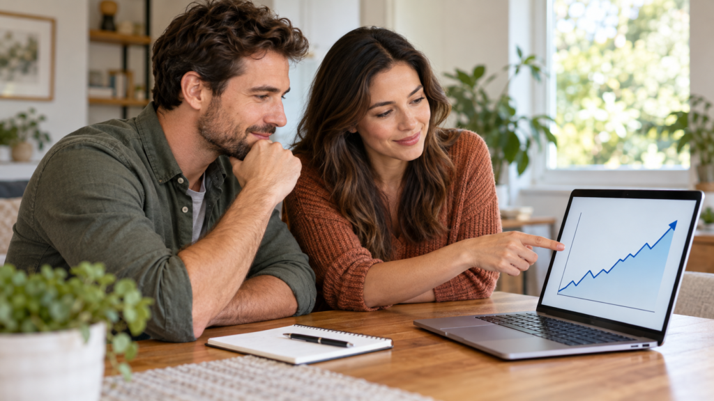 A man and woman looking at a laptop screen showing an upward-trending line graph illustrating how interest works.