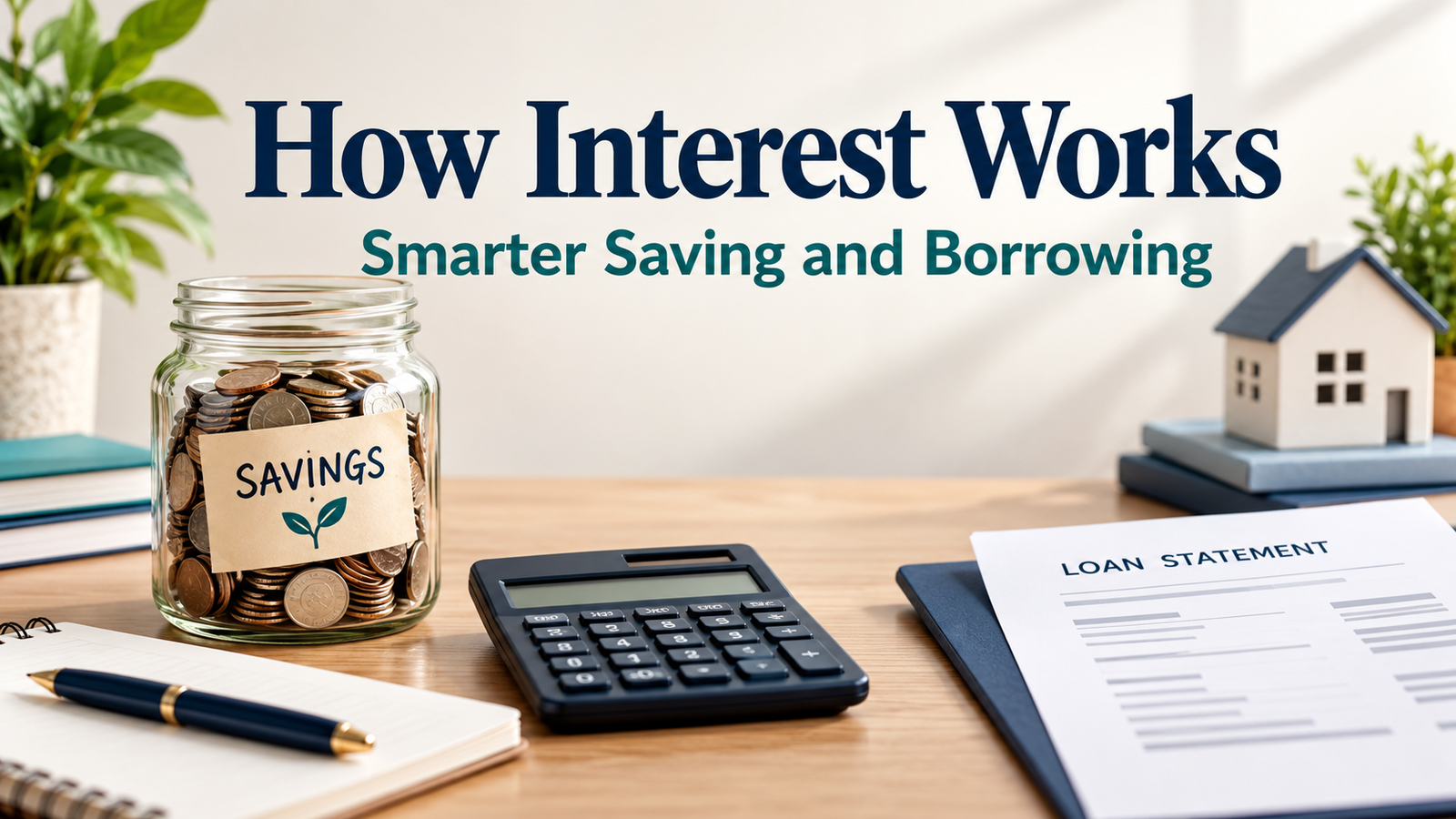 A desk with a “Savings” coin jar, a calculator, a “Loan Statement” document, and a model house beneath the text, “How Interest Works: Smarter Saving and Borrowing.”
