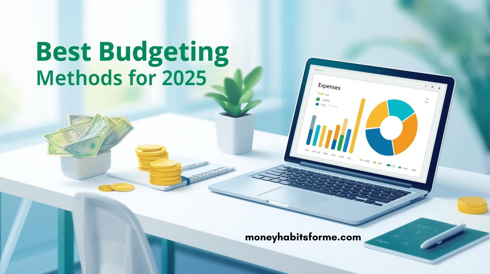 A laptop displaying financial charts sits on a desk with coins, cash, and plants, alongside text reading "Best Budgeting Methods for 2025"—perfect for anyone seeking the best budgeting methods for 2025 at moneyhabitsforme.com.