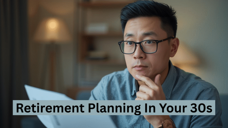 A man in glasses reads a document with a thoughtful expression. Text overlay reads: "Retirement Planning In Your 30s—start now, because people in their 30s have the best chance to secure their future.
