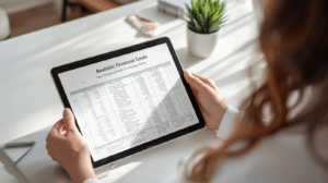 Person holding a tablet displaying a realistic financial goals spreadsheet at a desk with a potted plant and office supplies, highlighting a practical path to money wins.
