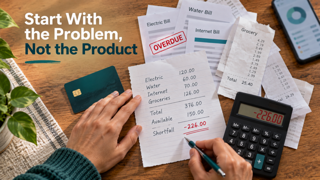 Best Budgeting Methods: Choose Your System Before an App 1 A person calculates expenses with bills, a calculator, credit card, and notes on a table; the main note shows a budget shortfall of -226, while a headline reads “Start With the Problem, Not the Product.” This scene highlights the importance of discovering the best budgeting methods to address financial challenges effectively.